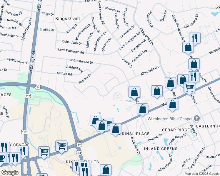 map of restaurants, bars, coffee shops, grocery stores, and more near 316 Albemarle Road in Wilmington