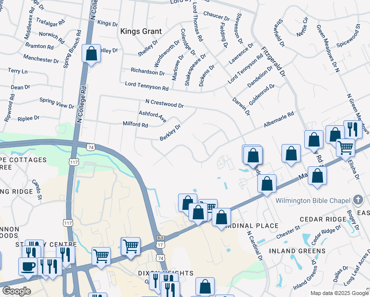 map of restaurants, bars, coffee shops, grocery stores, and more near 445 Albemarle Road in Wilmington