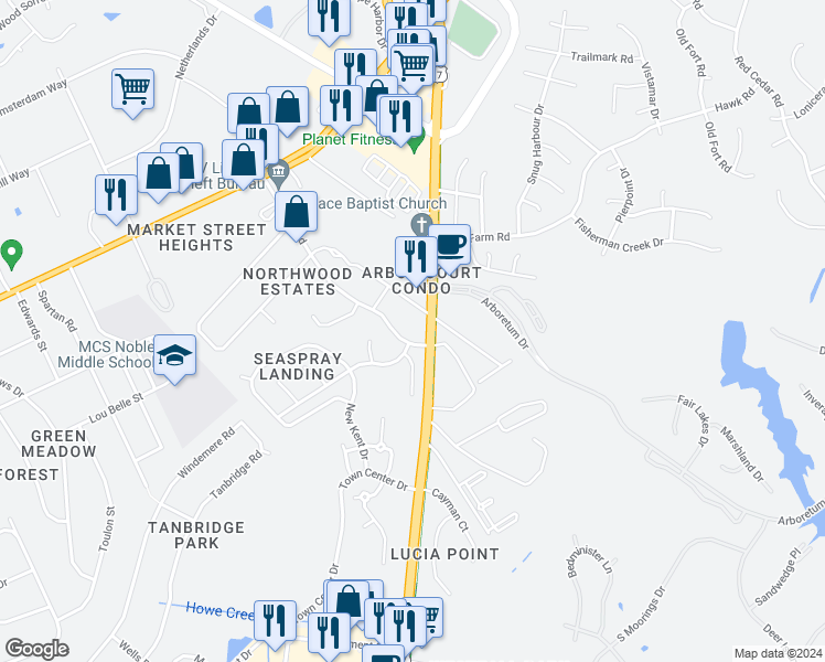 map of restaurants, bars, coffee shops, grocery stores, and more near 219 Station Road in Wilmington