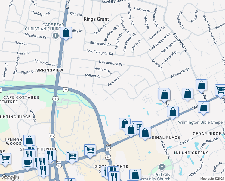 map of restaurants, bars, coffee shops, grocery stores, and more near 486 Albemarle Road in Wilmington