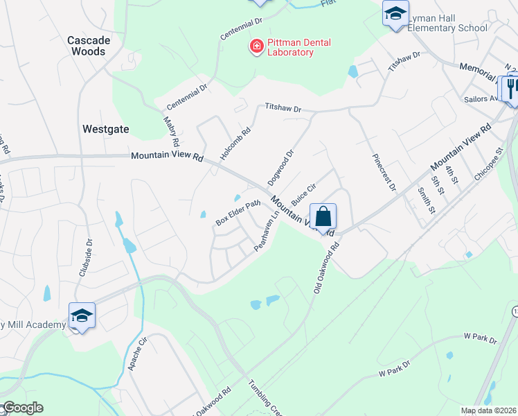 map of restaurants, bars, coffee shops, grocery stores, and more near 4112 Black Birch Run Southwest in Gainesville