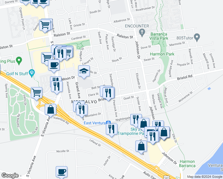 map of restaurants, bars, coffee shops, grocery stores, and more near 2253 Sanderling Street in Ventura