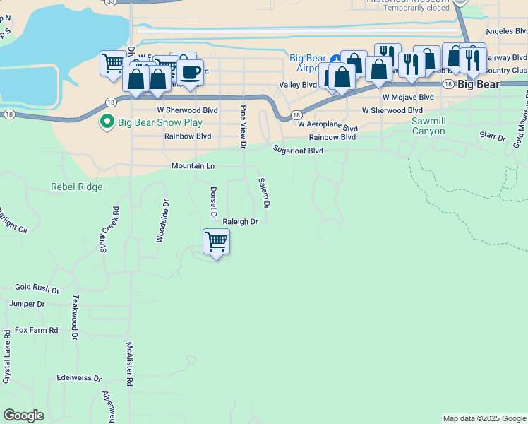 map of restaurants, bars, coffee shops, grocery stores, and more near 445 Salem Drive in Big Bear