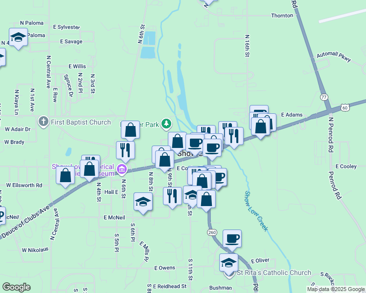 map of restaurants, bars, coffee shops, grocery stores, and more near 1040 East Deuce of Clubs in Show Low