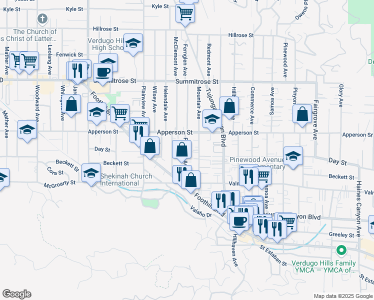 map of restaurants, bars, coffee shops, grocery stores, and more near 10157 Fernglen Avenue in Los Angeles