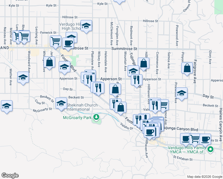 map of restaurants, bars, coffee shops, grocery stores, and more near 10157 Fernglen Avenue in Los Angeles
