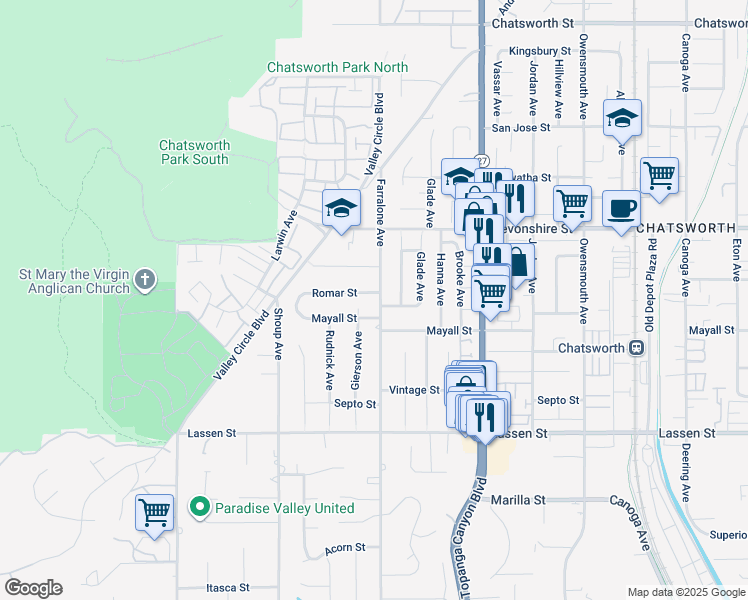 map of restaurants, bars, coffee shops, grocery stores, and more near 22216 Mayall Street in Los Angeles