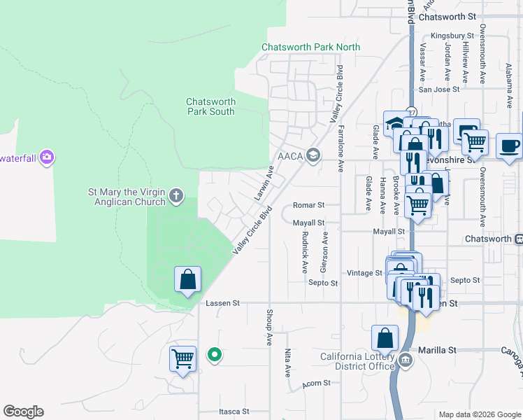 map of restaurants, bars, coffee shops, grocery stores, and more near 10112 Valley Circle Boulevard in Los Angeles