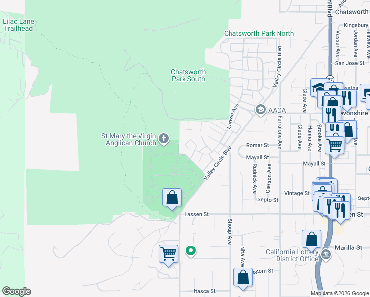 map of restaurants, bars, coffee shops, grocery stores, and more near 10044 Larwin Avenue in Los Angeles