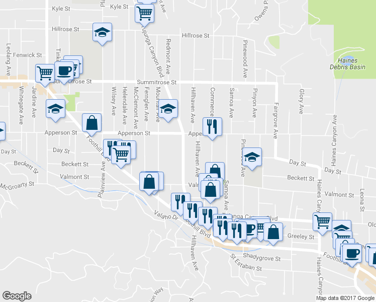 map of restaurants, bars, coffee shops, grocery stores, and more near 10274 Tujunga Canyon Boulevard in Los Angeles