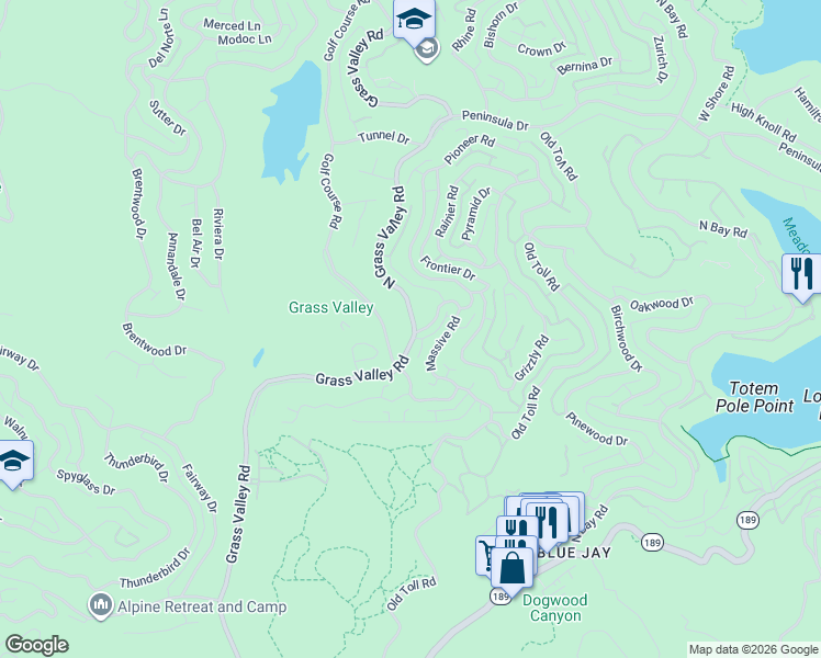 map of restaurants, bars, coffee shops, grocery stores, and more near 220 Grass Valley Road in Lake Arrowhead