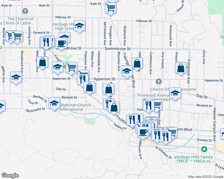 map of restaurants, bars, coffee shops, grocery stores, and more near 10218 Fernglen Avenue in Los Angeles