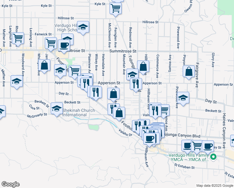 map of restaurants, bars, coffee shops, grocery stores, and more near 10218 Fernglen Avenue in Los Angeles