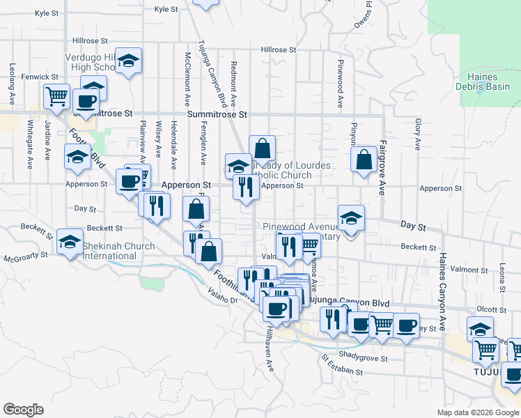map of restaurants, bars, coffee shops, grocery stores, and more near 10274 Tujunga Canyon Boulevard in Los Angeles