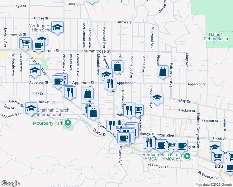 map of restaurants, bars, coffee shops, grocery stores, and more near 10274 Tujunga Canyon Boulevard in Los Angeles