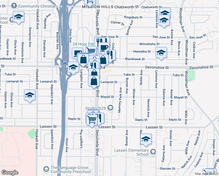 map of restaurants, bars, coffee shops, grocery stores, and more near 10108 Halbrent Avenue in Los Angeles