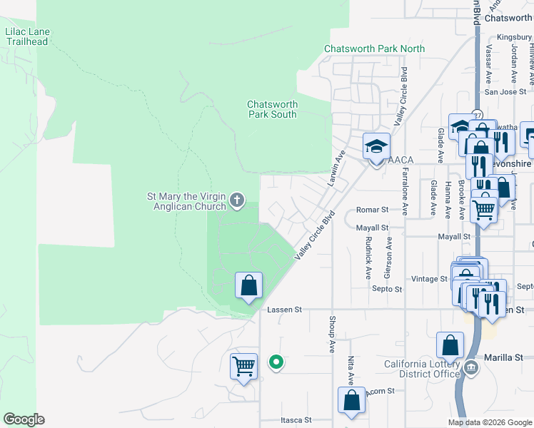 map of restaurants, bars, coffee shops, grocery stores, and more near 10044 Larwin Avenue in Los Angeles