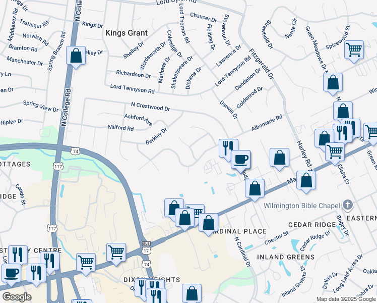 map of restaurants, bars, coffee shops, grocery stores, and more near 454 Morning Glory Court in Wilmington