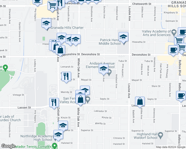 map of restaurants, bars, coffee shops, grocery stores, and more near 10120 Shoshone Avenue in Los Angeles