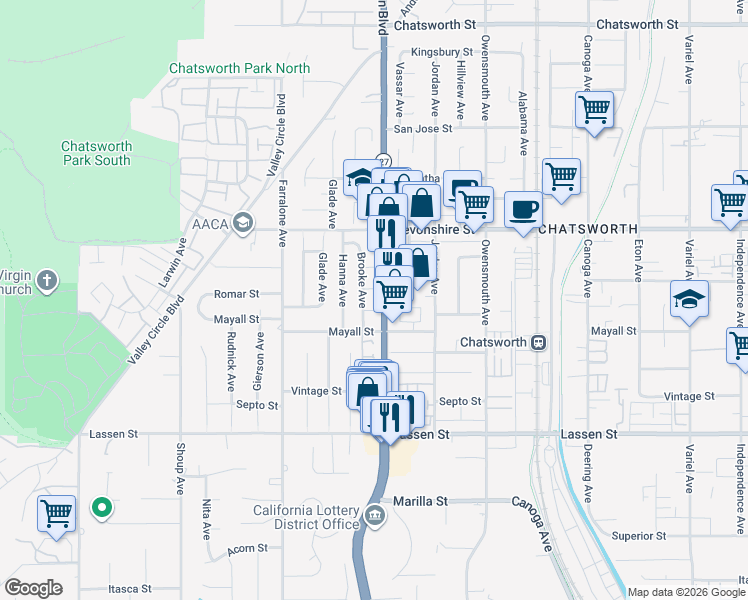 map of restaurants, bars, coffee shops, grocery stores, and more near 22015 Romar Street in Los Angeles