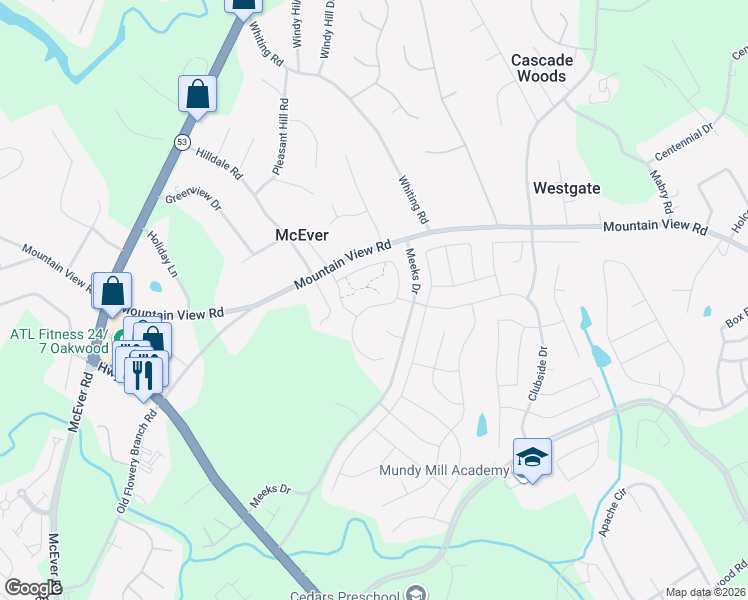 map of restaurants, bars, coffee shops, grocery stores, and more near 3685 Mountain View Road in Gainesville