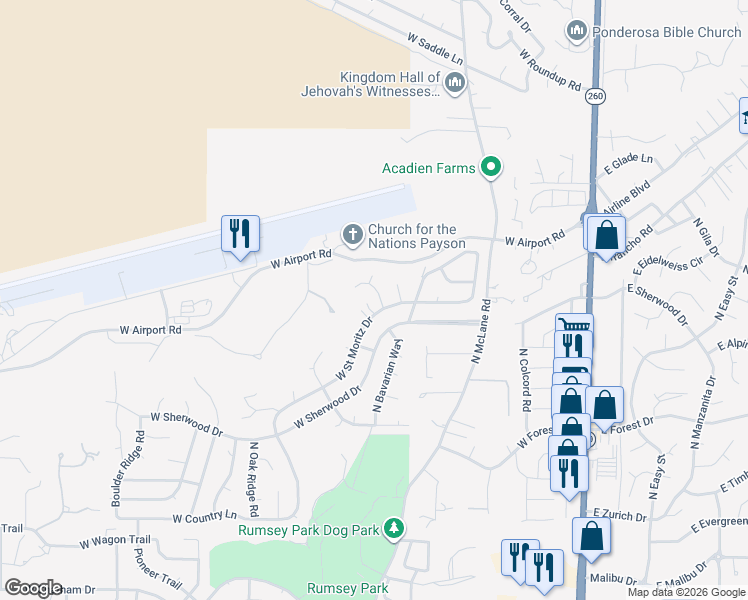 map of restaurants, bars, coffee shops, grocery stores, and more near 1111 Yodel Circle in Payson