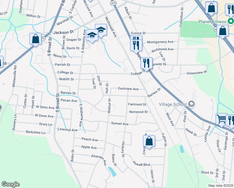map of restaurants, bars, coffee shops, grocery stores, and more near 504 Barnes Street in Albertville