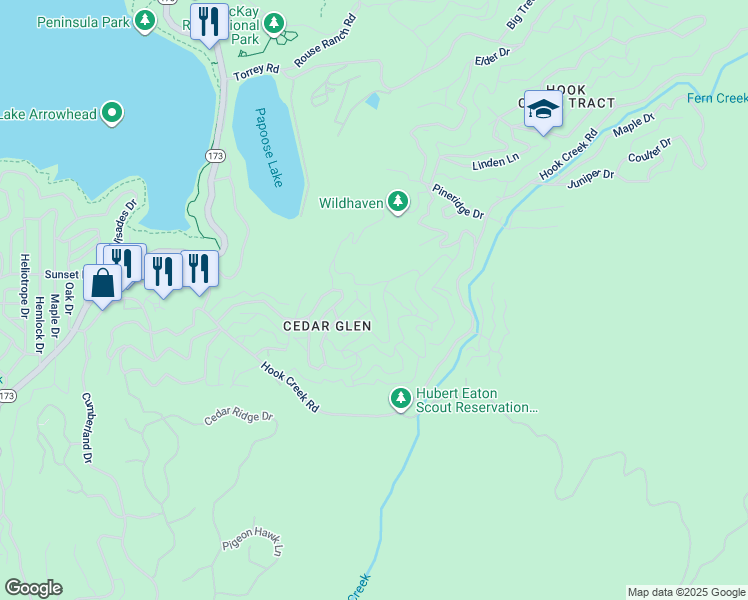 map of restaurants, bars, coffee shops, grocery stores, and more near 289 Lilac Way in Lake Arrowhead