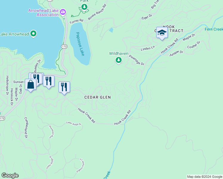 map of restaurants, bars, coffee shops, grocery stores, and more near 289 Lilac Way in Lake Arrowhead