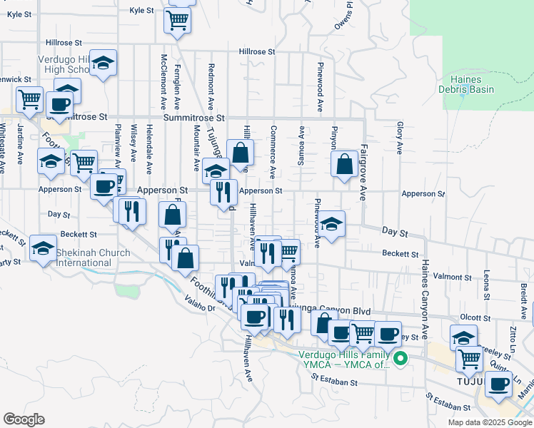 map of restaurants, bars, coffee shops, grocery stores, and more near 10240 Commerce Avenue in Los Angeles