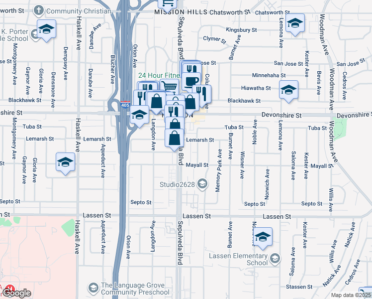 map of restaurants, bars, coffee shops, grocery stores, and more near 10130 Sepulveda Boulevard in Los Angeles