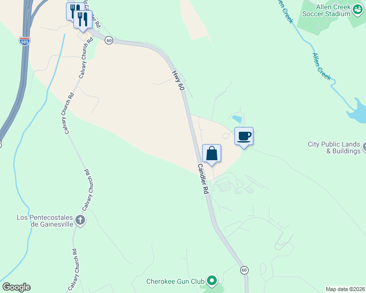 map of restaurants, bars, coffee shops, grocery stores, and more near 1536 Candler Road in Gainesville