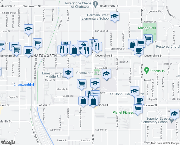 map of restaurants, bars, coffee shops, grocery stores, and more near 10141 De Soto Avenue in Los Angeles