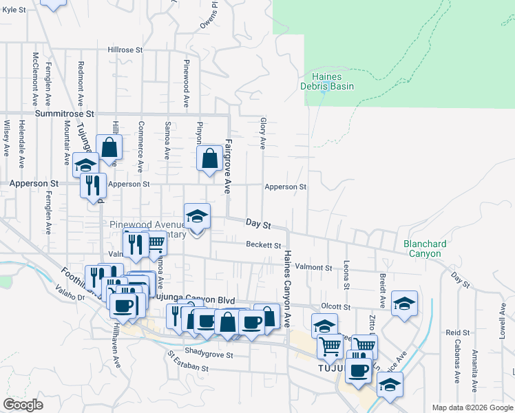 map of restaurants, bars, coffee shops, grocery stores, and more near 10233 Glory Avenue in Los Angeles