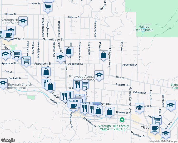 map of restaurants, bars, coffee shops, grocery stores, and more near 10220 Samoa Avenue in Los Angeles