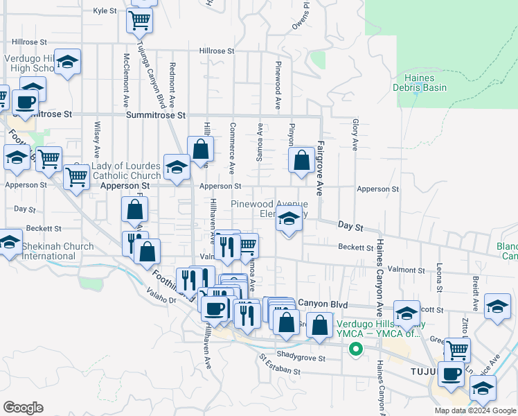 map of restaurants, bars, coffee shops, grocery stores, and more near 10220 Samoa Avenue in Los Angeles