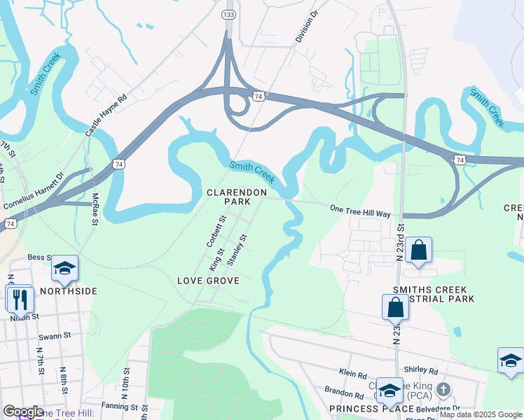 map of restaurants, bars, coffee shops, grocery stores, and more near 1601 Stanley Street in Wilmington