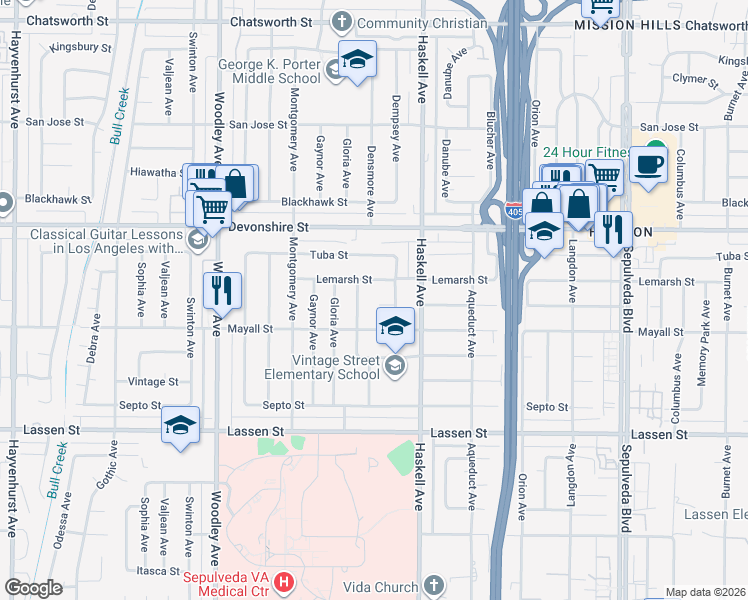 map of restaurants, bars, coffee shops, grocery stores, and more near 10201 Dempsey Avenue in Los Angeles