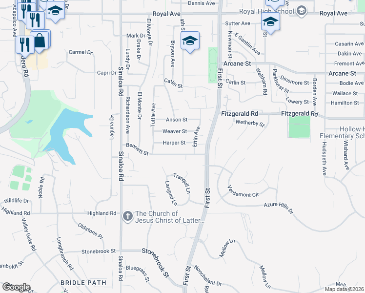 map of restaurants, bars, coffee shops, grocery stores, and more near 852 Weaver Street in Simi Valley