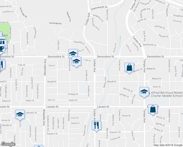 map of restaurants, bars, coffee shops, grocery stores, and more near 19713 Romar Street in Los Angeles