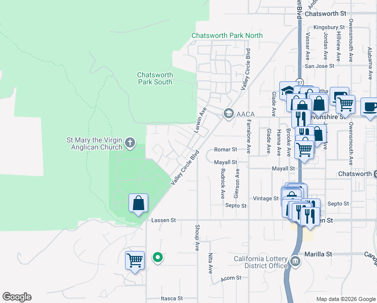 map of restaurants, bars, coffee shops, grocery stores, and more near 10140 Larwin Avenue in Los Angeles