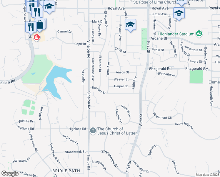 map of restaurants, bars, coffee shops, grocery stores, and more near 652 Harper Street in Simi Valley