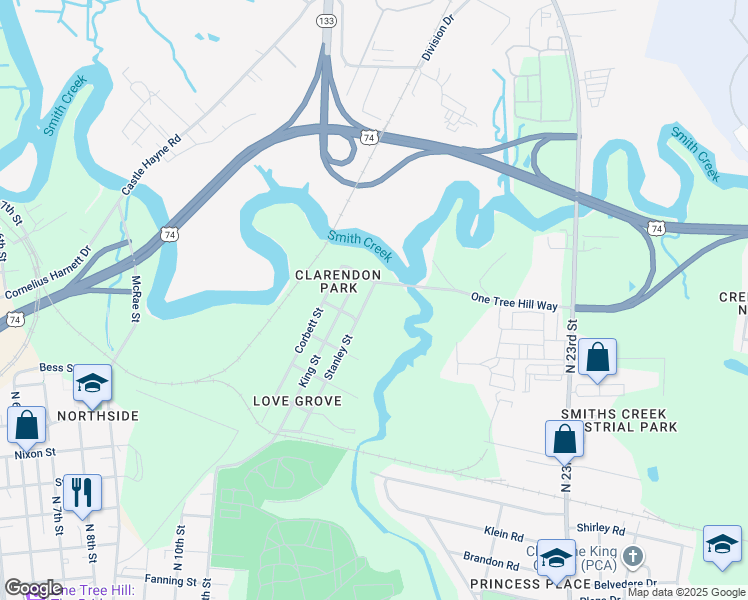 map of restaurants, bars, coffee shops, grocery stores, and more near 1601 Stanley Street in Wilmington