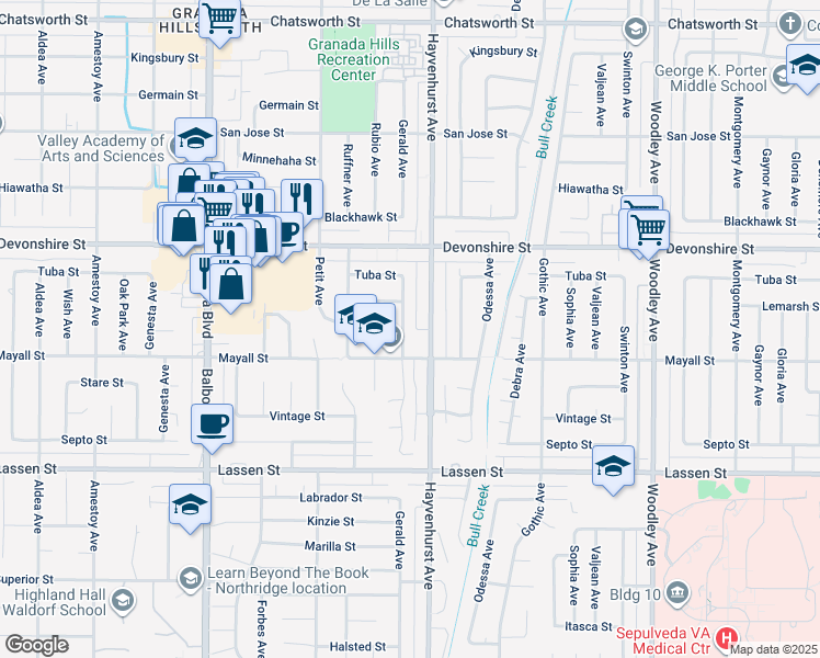 map of restaurants, bars, coffee shops, grocery stores, and more near 10130 Gerald Avenue in Los Angeles