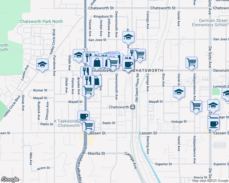 map of restaurants, bars, coffee shops, grocery stores, and more near 10201 Owensmouth Avenue in Los Angeles