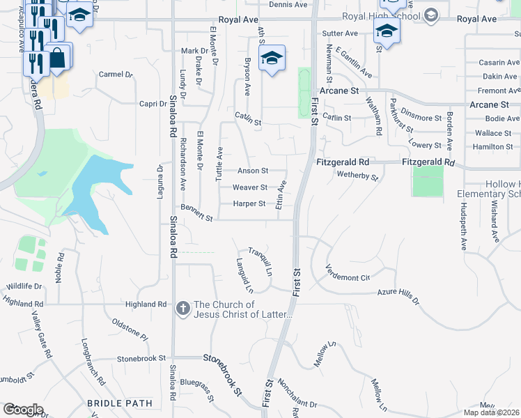 map of restaurants, bars, coffee shops, grocery stores, and more near 852 Weaver Street in Simi Valley