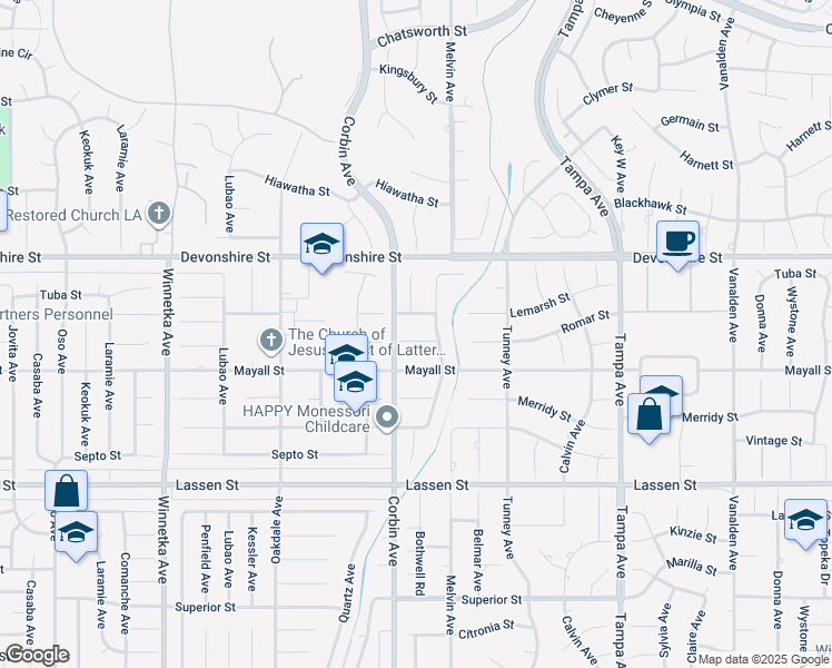 map of restaurants, bars, coffee shops, grocery stores, and more near 19625 Romar Street in Los Angeles