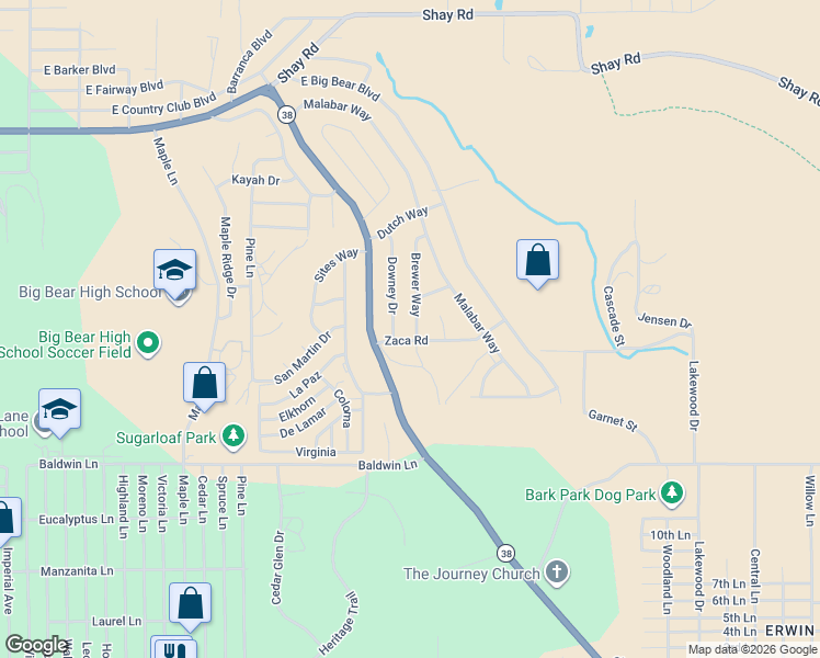 map of restaurants, bars, coffee shops, grocery stores, and more near 377 Brewer Way in Big Bear