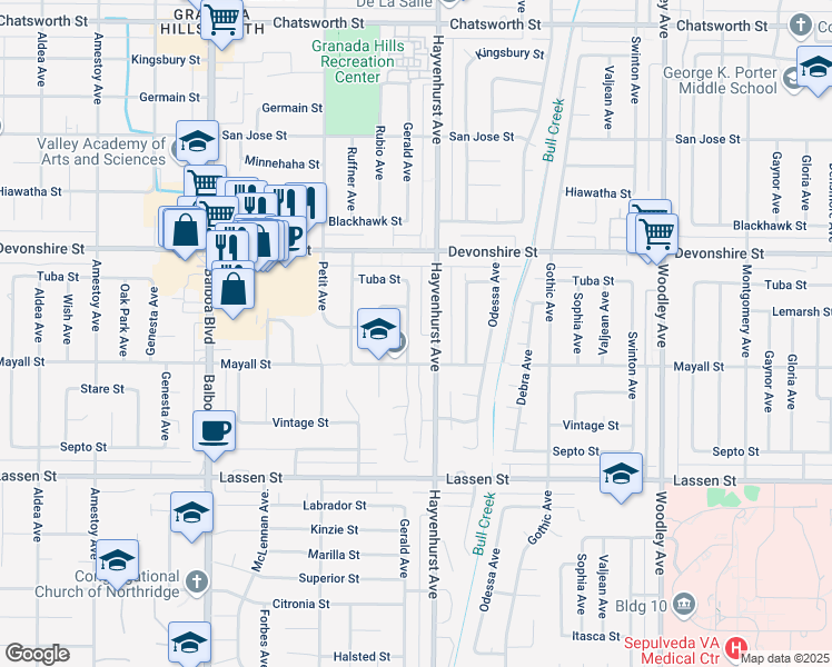 map of restaurants, bars, coffee shops, grocery stores, and more near 10130 Gerald Avenue in Los Angeles