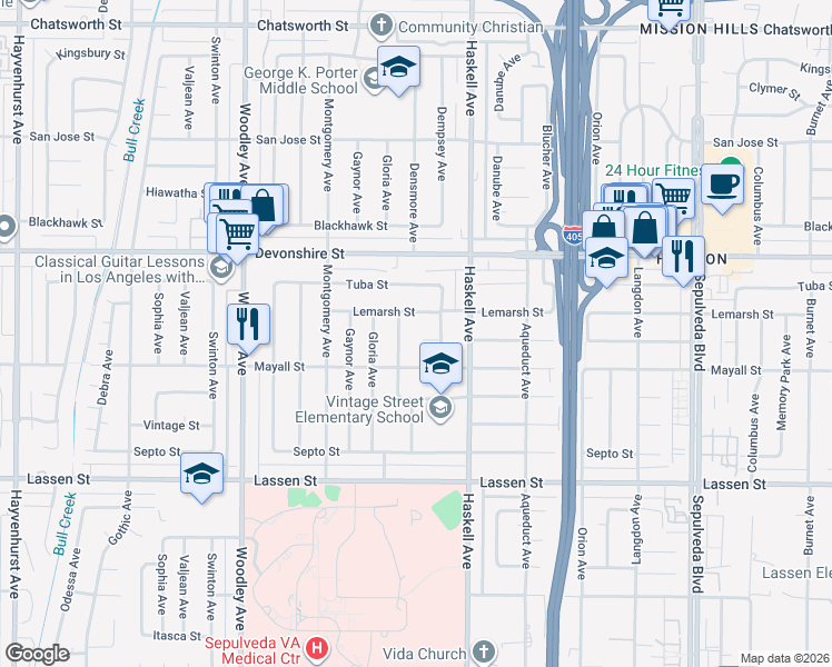 map of restaurants, bars, coffee shops, grocery stores, and more near 10201 Dempsey Avenue in Los Angeles